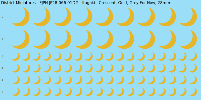 Itagaki clan mon, Yellow/Gold waterslide decal sheet, Grey For Now banner sizes, 28mm