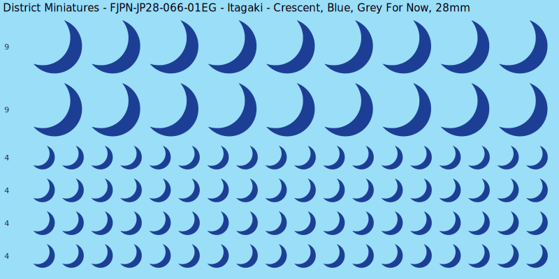Itagaki clan mon, Blue waterslide decal sheet, Grey For Now banner sizes, 28mm