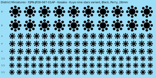 Kosaka clan mon, Black waterslide decal sheet, Perry banner sizes, 28mm