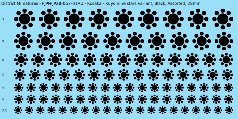 Kosaka clan mon, Kuyo nine stars variant, Black waterslide decal sheet, 28mm