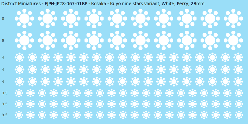 Kosaka clan mon, White waterslide decal sheet, Perry banner sizes, 28mm