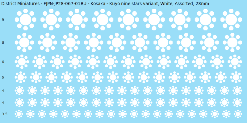 Kosaka clan mon, Kuyo nine stars variant, White waterslide decal sheet, 28mm