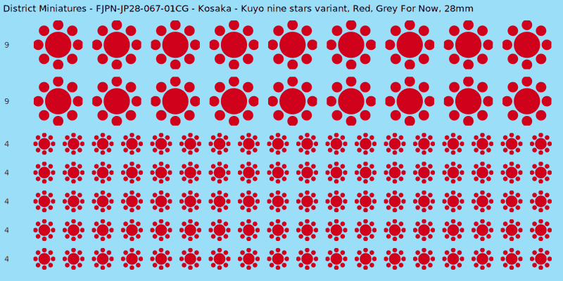 Kosaka clan mon, Red waterslide decal sheet, Grey For Now banner sizes, 28mm