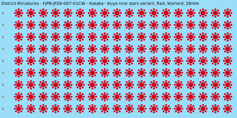 Kosaka clan mon, Red waterslide decal sheet, Warlord banner sizes, 28mm