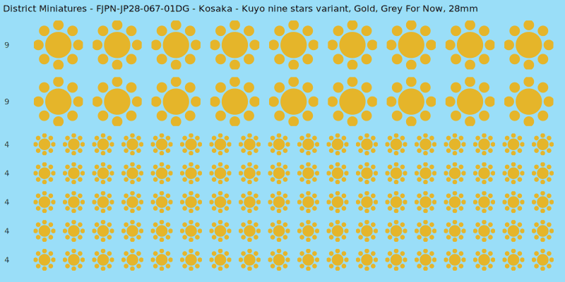 Kosaka clan mon, Yellow/Gold waterslide decal sheet, Grey For Now banner sizes, 28mm