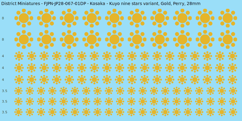 Kosaka clan mon, Yellow/Gold waterslide decal sheet, Perry banner sizes, 28mm