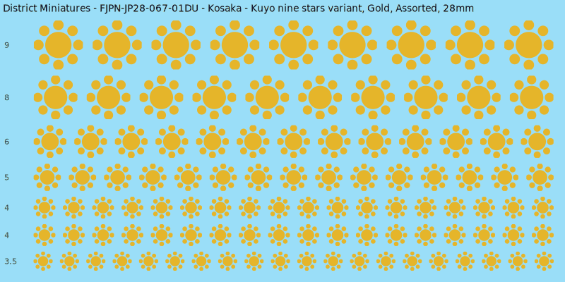 Kosaka clan mon, Yellow/Gold waterslide decal sheet, Assorted banner sizes, 28mm