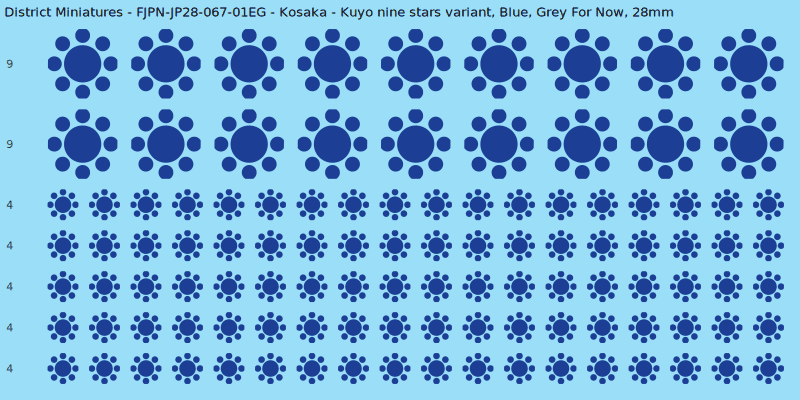 Kosaka clan mon, Blue waterslide decal sheet, Grey For Now banner sizes, 28mm