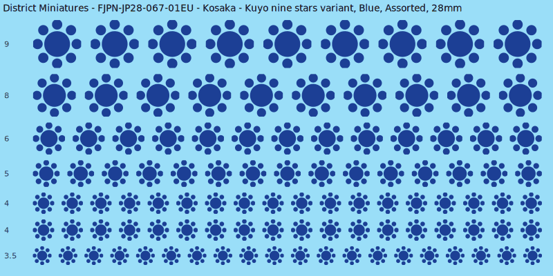 Kosaka clan mon, Kuyo nine stars variant, Blue waterslide decal sheet, 28mm