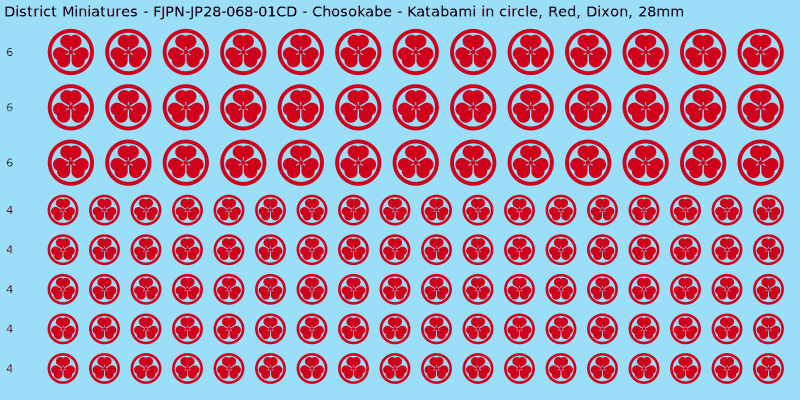 Chosokabe clan mon, Red waterslide decal sheet, Dixon banner sizes, 28mm