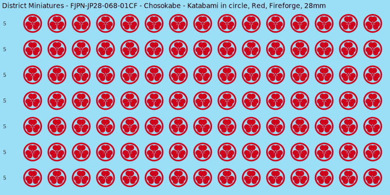 Chosokabe clan mon, Red waterslide decal sheet, Fireforge banner sizes, 28mm