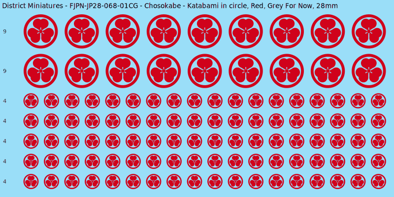 Chosokabe clan mon, Red waterslide decal sheet, Grey For Now banner sizes, 28mm