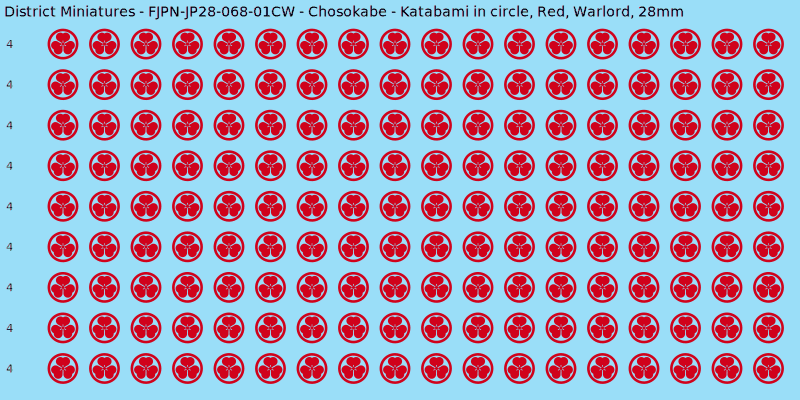 Chosokabe clan mon, Red waterslide decal sheet, Warlord banner sizes, 28mm