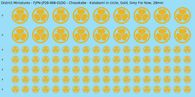 Chosokabe clan mon, Yellow/Gold waterslide decal sheet, Grey For Now banner sizes, 28mm