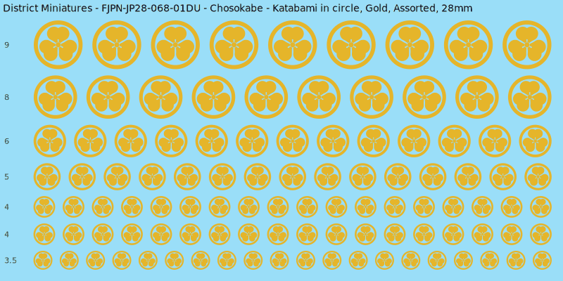 Chosokabe clan mon, Yellow/Gold waterslide decal sheet, Assorted banner sizes, 28mm