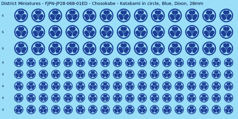 Chosokabe clan mon, Blue waterslide decal sheet, Dixon banner sizes, 28mm