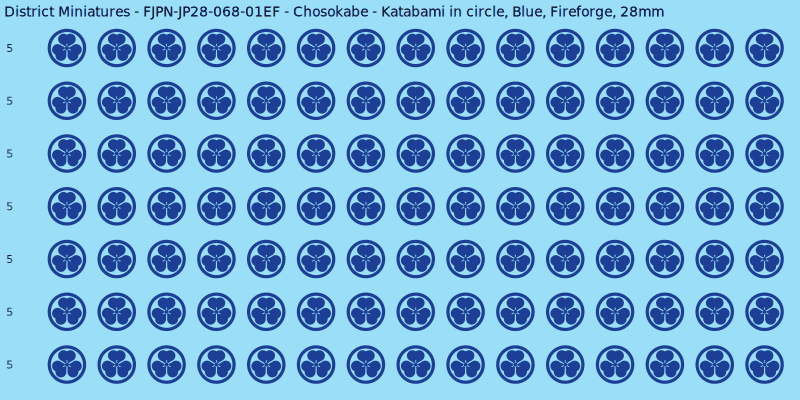 Chosokabe clan mon, Blue waterslide decal sheet, Fireforge banner sizes, 28mm