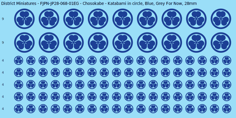Chosokabe clan mon, Blue waterslide decal sheet, Grey For Now banner sizes, 28mm