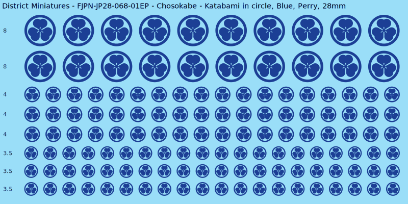 Chosokabe clan mon, Blue waterslide decal sheet, Perry banner sizes, 28mm