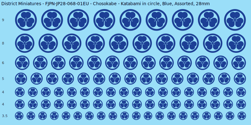 Chosokabe clan mon, Katabami in circle, Blue waterslide decal sheet, 28mm