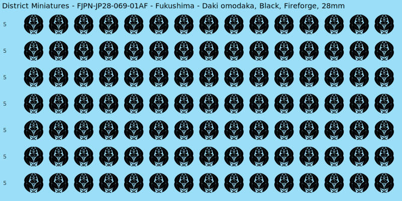 Fukushima clan mon, Black waterslide decal sheet, Fireforge banner sizes, 28mm