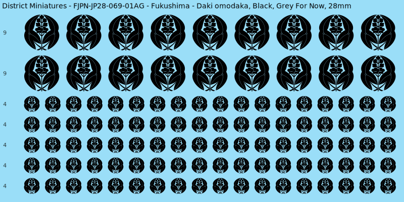 Fukushima clan mon, Black waterslide decal sheet, Grey For Now banner sizes, 28mm