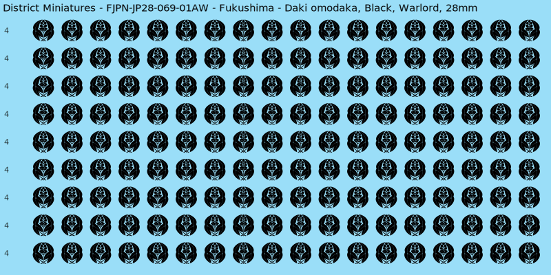 Fukushima clan mon, Black waterslide decal sheet, Warlord banner sizes, 28mm