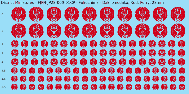 Fukushima clan mon, Red waterslide decal sheet, Perry banner sizes, 28mm