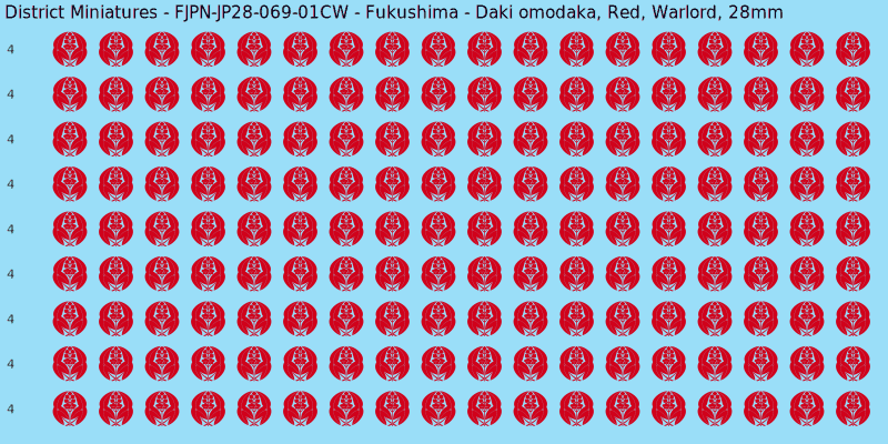 Fukushima clan mon, Red waterslide decal sheet, Warlord banner sizes, 28mm