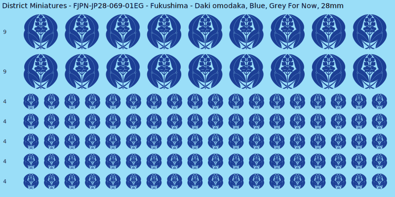Fukushima clan mon, Blue waterslide decal sheet, Grey For Now banner sizes, 28mm