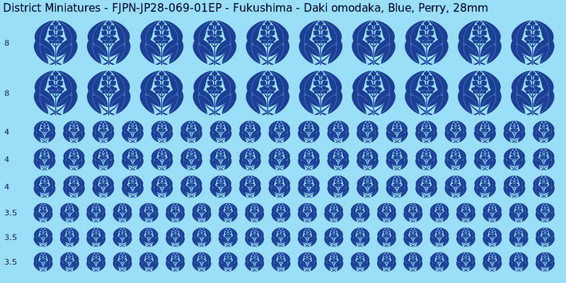 Fukushima clan mon, Blue waterslide decal sheet, Perry banner sizes, 28mm
