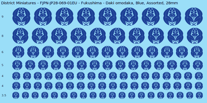 Fukushima clan mon, Blue waterslide decal sheet, Assorted banner sizes, 28mm