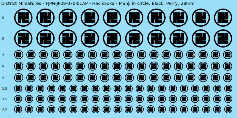 Hachisuka clan mon, Black waterslide decal sheet, Perry banner sizes, 28mm