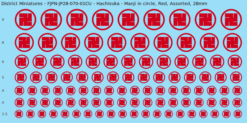 Hachisuka clan mon, Manji in circle, Red waterslide decal sheet, 28mm