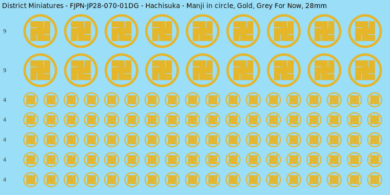 Hachisuka clan mon, Yellow/Gold waterslide decal sheet, Grey For Now banner sizes, 28mm