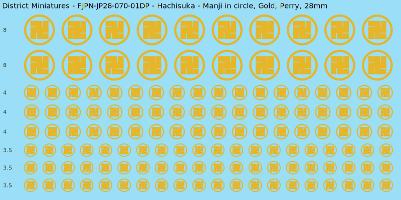 Hachisuka clan mon, Yellow/Gold waterslide decal sheet, Perry banner sizes, 28mm