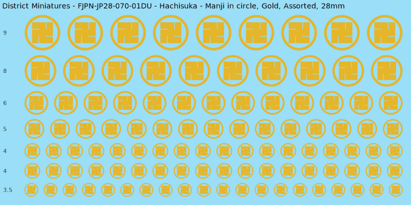 Hachisuka clan mon, Yellow/Gold waterslide decal sheet, Assorted banner sizes, 28mm