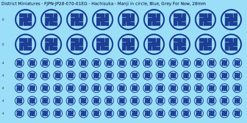 Hachisuka clan mon, Blue waterslide decal sheet, Grey For Now banner sizes, 28mm