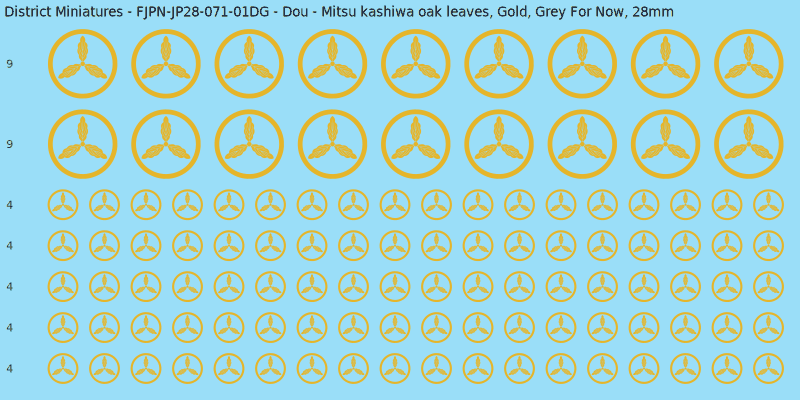 Dou clan mon, Yellow/Gold waterslide decal sheet, Grey For Now banner sizes, 28mm