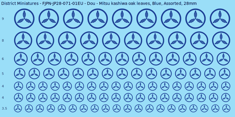 Dou clan mon, Mitsu kashiwa oak leaves, Blue waterslide decal sheet, 28mm