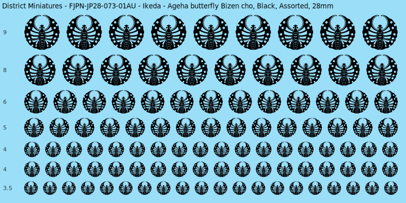 Ikeda Clan mon, Black waterslide decal sheet, Assorted banner sizes, 28mm