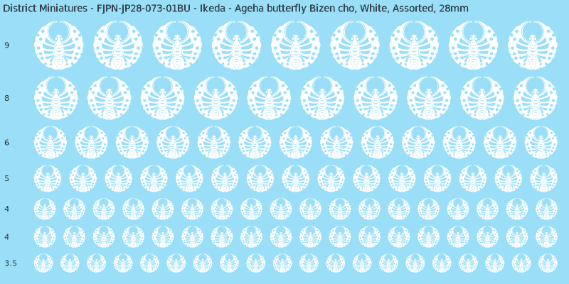 Ikeda clan mon, Ageha butterfly Bizen cho, White waterslide decal sheet, 28mm