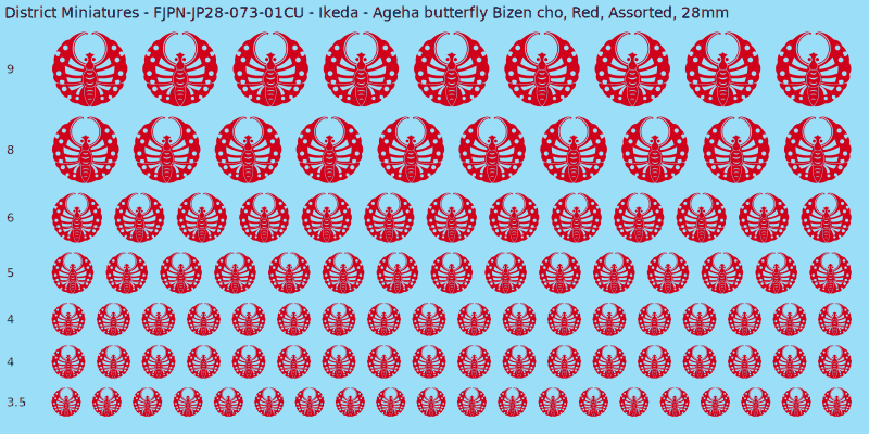Ikeda Clan mon, Red waterslide decal sheet, Assorted banner sizes, 28mm