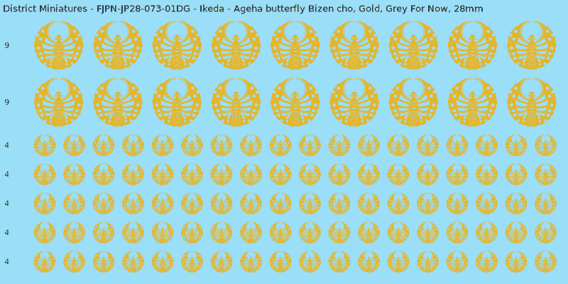 Ikeda Clan mon, Yellow/Gold waterslide decal sheet, Grey For Now banner sizes, 28mm
