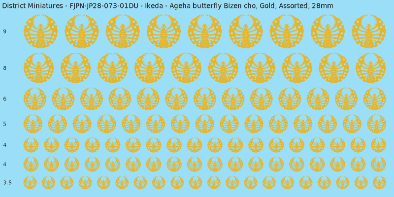 Ikeda clan mon, Ageha butterfly Bizen cho, Gold waterslide decal sheet, 28mm