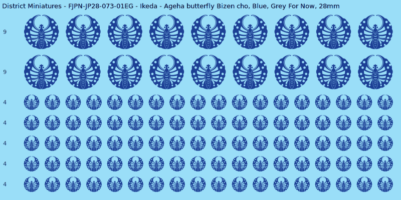 Ikeda Clan mon, Blue waterslide decal sheet, Grey For Now banner sizes, 28mm