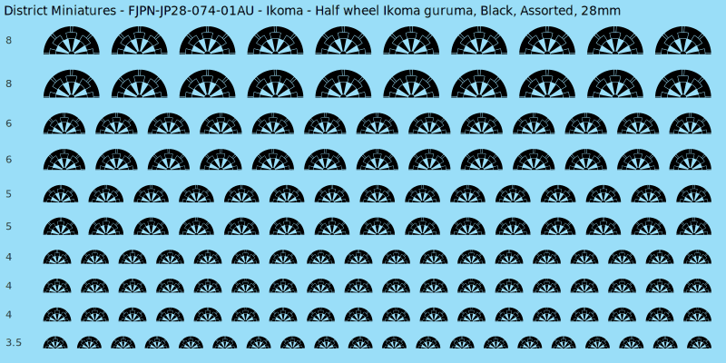 Ikoma clan mon, Half wheel Ikoma guruma, Black waterslide decal sheet, 28mm