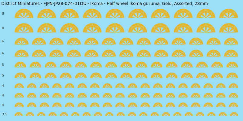 Ikoma clan mon, Half wheel Ikoma guruma, Gold waterslide decal sheet, 28mm