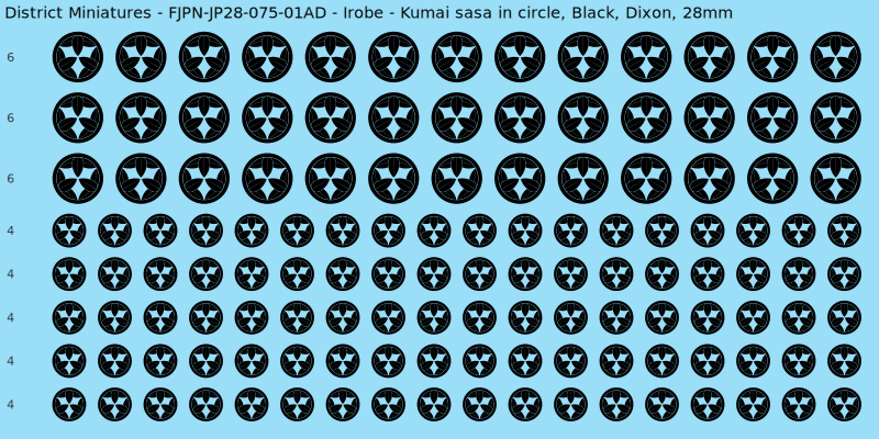 Irobe clan mon, Black waterslide decal sheet, Dixon banner sizes, 28mm