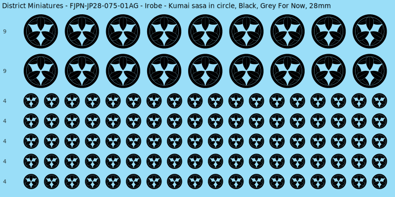 Irobe clan mon, Black waterslide decal sheet, Grey For Now banner sizes, 28mm